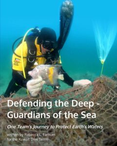 book cover to 'Defending the Deep' showing a diver underwater freeing a fish from a large abandoned net